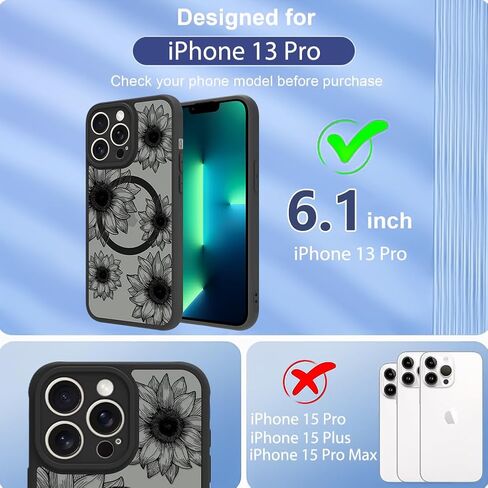 OOK Black Case Design for iPhone 16 Pro Case [Compatible with MagSafe], Cute Sunflower Floral Blooms Design Frosted Shockproof for Women Girls Magnetic Phone Cover - Black Flower in Kuwait