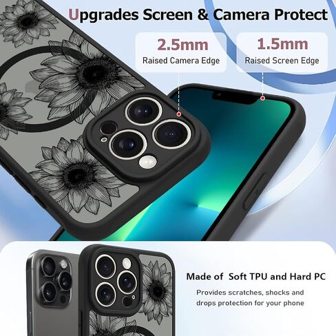 OOK Black Case Design for iPhone 16 Pro Case [Compatible with MagSafe], Cute Sunflower Floral Blooms Design Frosted Shockproof for Women Girls Magnetic Phone Cover - Black Flower in Kuwait