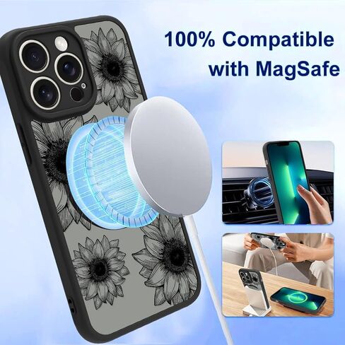 OOK Black Case Design for iPhone 16 Pro Case [Compatible with MagSafe], Cute Sunflower Floral Blooms Design Frosted Shockproof for Women Girls Magnetic Phone Cover - Black Flower in Kuwait