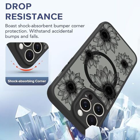 OOK Black Case Design for iPhone 16 Pro Case [Compatible with MagSafe], Cute Sunflower Floral Blooms Design Frosted Shockproof for Women Girls Magnetic Phone Cover - Black Flower in Kuwait