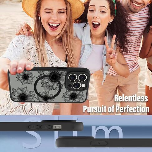 OOK Black Case Design for iPhone 16 Pro Case [Compatible with MagSafe], Cute Sunflower Floral Blooms Design Frosted Shockproof for Women Girls Magnetic Phone Cover - Black Flower in Kuwait