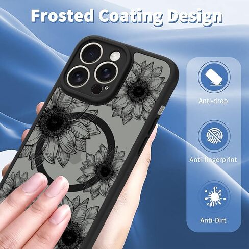 OOK Black Case Design for iPhone 16 Pro Case [Compatible with MagSafe], Cute Sunflower Floral Blooms Design Frosted Shockproof for Women Girls Magnetic Phone Cover - Black Flower in Kuwait
