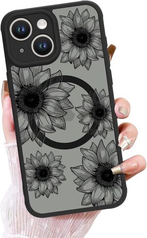 OOK Black Case Design for iPhone 16 Pro Case [Compatible with MagSafe], Cute Sunflower Floral Blooms Design Frosted Shockproof for Women Girls Magnetic Phone Cover - Black Flower in Saudi Arabia