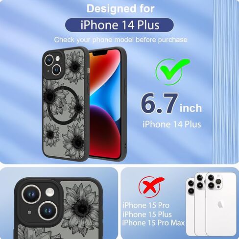 OOK Black Case Design for iPhone 16 Pro Case [Compatible with MagSafe], Cute Sunflower Floral Blooms Design Frosted Shockproof for Women Girls Magnetic Phone Cover - Black Flower in Saudi Arabia