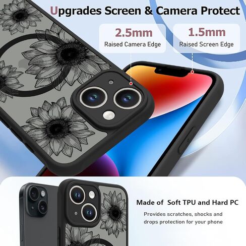 OOK Black Case Design for iPhone 16 Pro Case [Compatible with MagSafe], Cute Sunflower Floral Blooms Design Frosted Shockproof for Women Girls Magnetic Phone Cover - Black Flower in Saudi Arabia