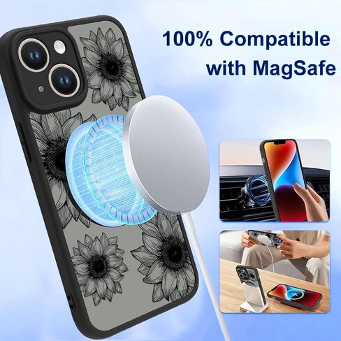 OOK Black Case Design for iPhone 16 Pro Case [Compatible with MagSafe], Cute Sunflower Floral Blooms Design Frosted Shockproof for Women Girls Magnetic Phone Cover - Black Flower in Saudi Arabia