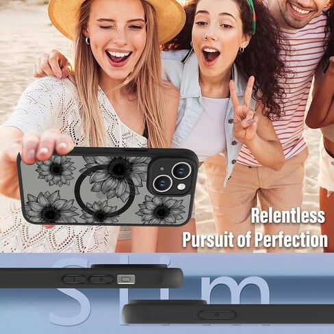 OOK Black Case Design for iPhone 16 Pro Case [Compatible with MagSafe], Cute Sunflower Floral Blooms Design Frosted Shockproof for Women Girls Magnetic Phone Cover - Black Flower in Saudi Arabia