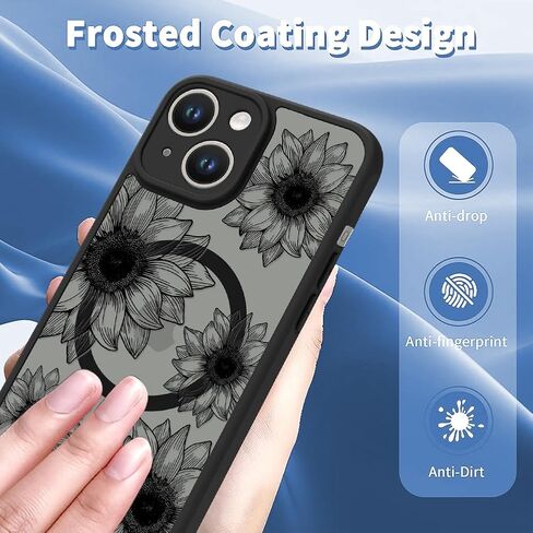 OOK Black Case Design for iPhone 16 Pro Case [Compatible with MagSafe], Cute Sunflower Floral Blooms Design Frosted Shockproof for Women Girls Magnetic Phone Cover - Black Flower in Saudi Arabia