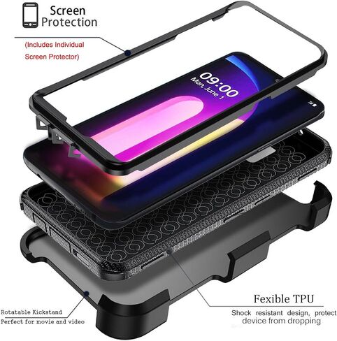 Lothartech for LG V60 ThinQ Phone Case Tempered Glass Screen Protector, Heavy Duty Armor Protective Shock Absorption Belt Swivel Clip Holster Cover Black in Saudi Arabia