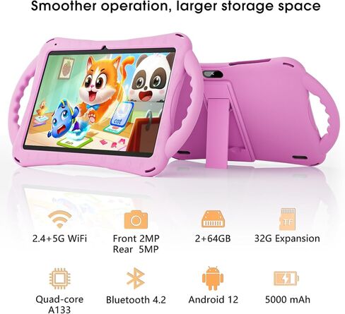 SGIN 10 Inch Kids Tablet with Case, 2GB RAM 64GB ROM Android 12 Tablet for Kids, 1280 * 800 IPS, 5000mAh, 2+5MP Camera, 2.4/5G WiFi(Pink) in Kuwait