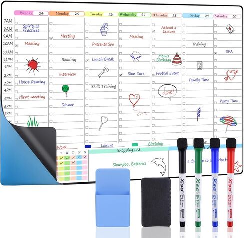 POPRUN Weekly Dry Erase Board Family Calendar for Wall & Glass & Wooden, Non-Magnetic Family Weekly Meal Planner, Self-Adhesive Family Chore Chart 5 Columns for 5 People Wall Calendar 23.6" × 15.7" in Kuwait