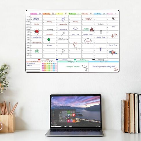 POPRUN Weekly Dry Erase Board Family Calendar for Wall & Glass & Wooden, Non-Magnetic Family Weekly Meal Planner, Self-Adhesive Family Chore Chart 5 Columns for 5 People Wall Calendar 23.6" × 15.7" in Kuwait