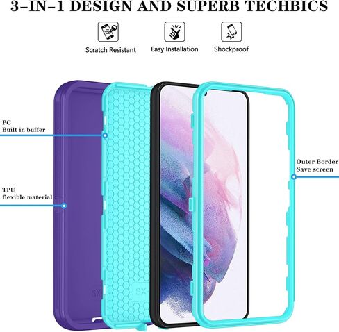ONOLA for Samsung Galaxy S21 Case with HD Screen Protector, for Samsung S21 Phone Case, [3 in 1] Heavy Duty Phone Case for Galaxy S21 6.2",PurpleSkyblue in Saudi Arabia