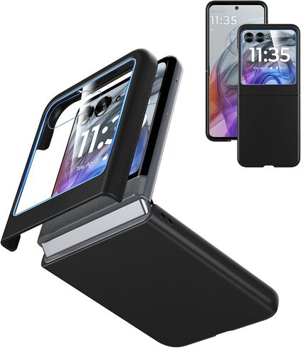 حافظة لهاتف Motorola Razr 2024 (غير مناسبة لـ Razr+) مع واقي شاشة مدمج، حافظة هاتف رفيعة صلبة غير لامعة من البولي كربونات لهاتف Moto Razr 2024 - أسود + زجاج in Kuwait