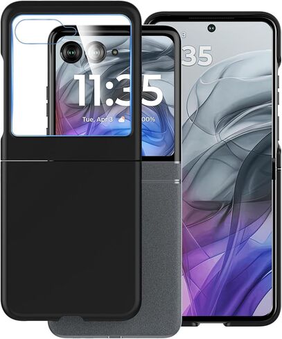 حافظة لهاتف Motorola Razr 2024 (غير مناسبة لـ Razr+) مع واقي شاشة مدمج، حافظة هاتف رفيعة صلبة غير لامعة من البولي كربونات لهاتف Moto Razr 2024 - أسود + زجاج in Kuwait