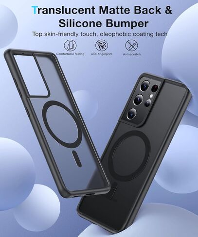 FNDMIL[NO.1 Magnetic for Samsung Galaxy S21 Ultra Case with MagSafe[Military Grade Drop Tested][Translucent Matte][Anti-Fingerprint] Soft Silicone Bumper for Samsung Galaxy S21 Ultra Phone Case,Black in Saudi Arabia