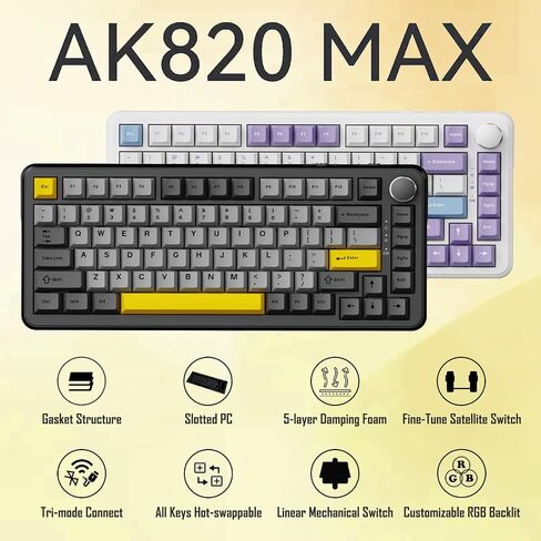 AJAZZ AK820 MAX 75% Gasket RGB لوحة مفاتيح ميكانيكية لاسلكية مع مقبض مستوى الصوت، بلوتوث/2.4G/سلكي 3 أوضاع، 82 مفتاحًا مدمجًا للتبديل السريع، غطاء مفاتيح PBT ثلاثي الألوان، 4000 مللي أمبير في الساعة (أرجواني وأزرق) in Kuwait