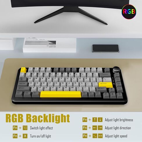 AJAZZ AK820 MAX 75% Gasket RGB لوحة مفاتيح ميكانيكية لاسلكية مع مقبض مستوى الصوت، بلوتوث/2.4G/سلكي 3 أوضاع، 82 مفتاحًا مدمجًا للتبديل السريع، غطاء مفاتيح PBT ثلاثي الألوان، 4000 مللي أمبير في الساعة (أرجواني وأزرق) in Kuwait