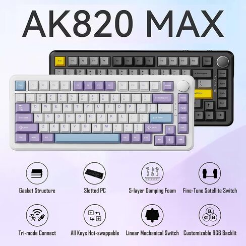 AJAZZ AK820 MAX 75% Gasket RGB لوحة مفاتيح ميكانيكية لاسلكية مع مقبض مستوى الصوت، بلوتوث/2.4G/سلكي 3 أوضاع، 82 مفتاحًا مدمجًا للتبديل السريع، غطاء مفاتيح PBT ثلاثي الألوان، 4000 مللي أمبير في الساعة (أرجواني وأزرق) in Kuwait