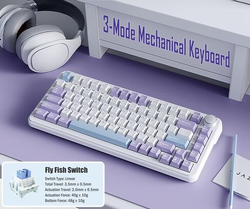 AJAZZ AK820 MAX 75% Gasket RGB لوحة مفاتيح ميكانيكية لاسلكية مع مقبض مستوى الصوت، بلوتوث/2.4G/سلكي 3 أوضاع، 82 مفتاحًا مدمجًا للتبديل السريع، غطاء مفاتيح PBT ثلاثي الألوان، 4000 مللي أمبير في الساعة (أرجواني وأزرق) in Kuwait