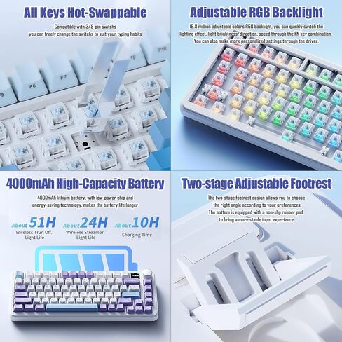 AJAZZ AK820 MAX 75% Gasket RGB لوحة مفاتيح ميكانيكية لاسلكية مع مقبض مستوى الصوت، بلوتوث/2.4G/سلكي 3 أوضاع، 82 مفتاحًا مدمجًا للتبديل السريع، غطاء مفاتيح PBT ثلاثي الألوان، 4000 مللي أمبير في الساعة (أرجواني وأزرق) in Kuwait