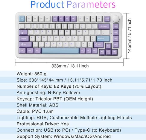 AJAZZ AK820 MAX 75% Gasket RGB لوحة مفاتيح ميكانيكية لاسلكية مع مقبض مستوى الصوت، بلوتوث/2.4G/سلكي 3 أوضاع، 82 مفتاحًا مدمجًا للتبديل السريع، غطاء مفاتيح PBT ثلاثي الألوان، 4000 مللي أمبير في الساعة (أرجواني وأزرق) in Kuwait