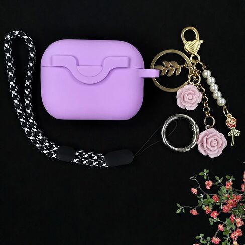 حافظة قفل لجهاز Airpods Pro الجيل الثاني/الجيل الأول مع حبل سلسلة مفاتيح على شكل زهور لطيفة، غطاء حماية من السيليكون لجهاز Airpods Pro 2 حافظة للنساء والفتيات لجهاز Apple Air pod pro (2019/2022) (وردي) in Saudi Arabia