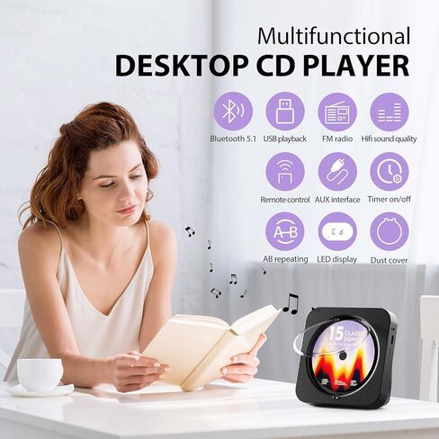 مشغل أقراص مضغوطة محمول مع مكبرات صوت، مشغل أقراص مضغوطة بلوتوث لسطح المكتب مع شاشة LED وجهاز تحكم عن بعد، مشغل أقراص مضغوطة قابل لإعادة الشحن يدعم راديو CD/FM/USB/AUX/مؤقت، أسود in Kuwait
