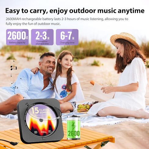 مشغل أقراص مضغوطة محمول مع مكبرات صوت، مشغل أقراص مضغوطة بلوتوث لسطح المكتب مع شاشة LED وجهاز تحكم عن بعد، مشغل أقراص مضغوطة قابل لإعادة الشحن يدعم راديو CD/FM/USB/AUX/مؤقت، أسود in Kuwait
