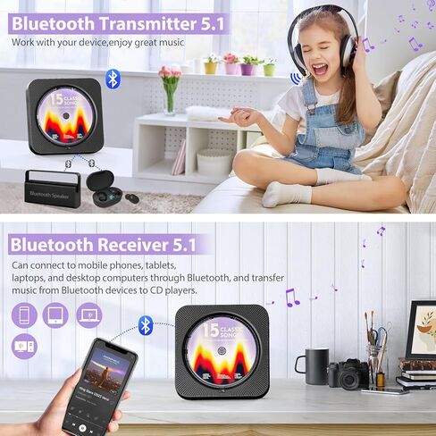 مشغل أقراص مضغوطة محمول مع مكبرات صوت، مشغل أقراص مضغوطة بلوتوث لسطح المكتب مع شاشة LED وجهاز تحكم عن بعد، مشغل أقراص مضغوطة قابل لإعادة الشحن يدعم راديو CD/FM/USB/AUX/مؤقت، أسود in Kuwait