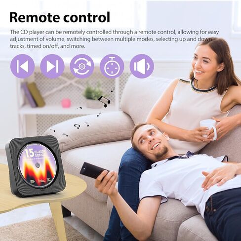 مشغل أقراص مضغوطة محمول مع مكبرات صوت، مشغل أقراص مضغوطة بلوتوث لسطح المكتب مع شاشة LED وجهاز تحكم عن بعد، مشغل أقراص مضغوطة قابل لإعادة الشحن يدعم راديو CD/FM/USB/AUX/مؤقت، أسود in Kuwait