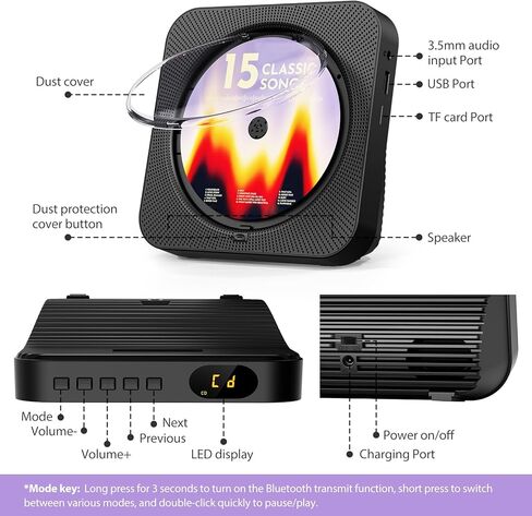 مشغل أقراص مضغوطة محمول مع مكبرات صوت، مشغل أقراص مضغوطة بلوتوث لسطح المكتب مع شاشة LED وجهاز تحكم عن بعد، مشغل أقراص مضغوطة قابل لإعادة الشحن يدعم راديو CD/FM/USB/AUX/مؤقت، أسود in Kuwait