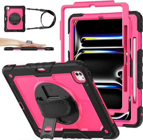 ZOVEEK Case for iPad Pro 13 Inch M4 2024 with Screen Protector, Pencil Holder, Military Shockproof Protective Case with 360°Rotating Hand Strap & Stand, Shoulder Strap (Pink+Black) in Saudi Arabia