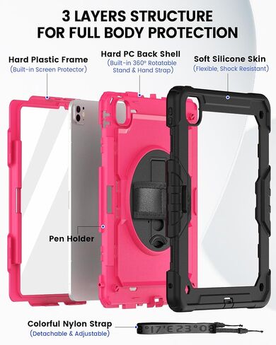ZOVEEK Case for iPad Pro 13 Inch M4 2024 with Screen Protector, Pencil Holder, Military Shockproof Protective Case with 360°Rotating Hand Strap & Stand, Shoulder Strap (Pink+Black) in Saudi Arabia