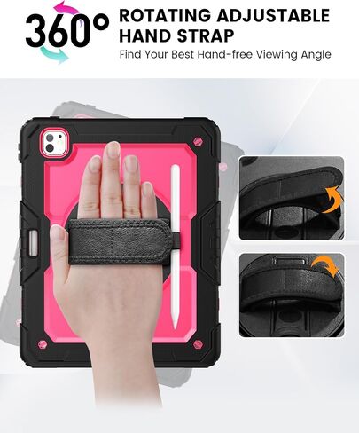 ZOVEEK Case for iPad Pro 13 Inch M4 2024 with Screen Protector, Pencil Holder, Military Shockproof Protective Case with 360°Rotating Hand Strap & Stand, Shoulder Strap (Pink+Black) in Saudi Arabia