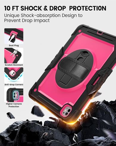 ZOVEEK Case for iPad Pro 13 Inch M4 2024 with Screen Protector, Pencil Holder, Military Shockproof Protective Case with 360°Rotating Hand Strap & Stand, Shoulder Strap (Pink+Black) in Saudi Arabia