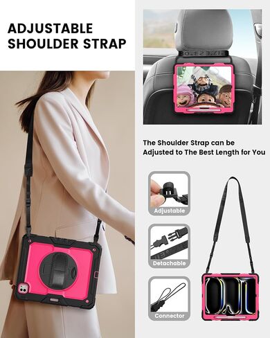ZOVEEK Case for iPad Pro 13 Inch M4 2024 with Screen Protector, Pencil Holder, Military Shockproof Protective Case with 360°Rotating Hand Strap & Stand, Shoulder Strap (Pink+Black) in Saudi Arabia
