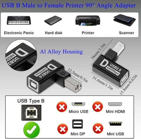 QIANRENON 90°Angle USB B Printer Connector MIDI Extender USB Type B Male to Female Adapter Right Angle Plug, Al Shell, 480Mbps, for Printer Scanner Electric Piano Mixer, 2Pcs (Down Bend) in Saudi Arabia