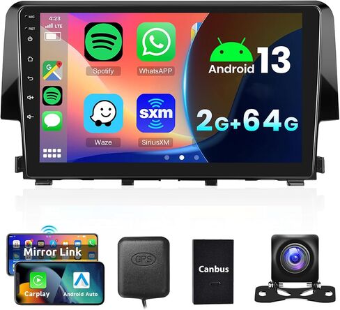2G 64G راديو السيارة Carplay اللاسلكي لهوندا سيفيك 2016-2020، Android 13 ستيريو السيارة Rimoody 9 بوصة شاشة تعمل باللمس Android Auto Mirror Link Bluetooth FM/RDS GPS WiFi EQ SWC كاميرا احتياطية in Kuwait