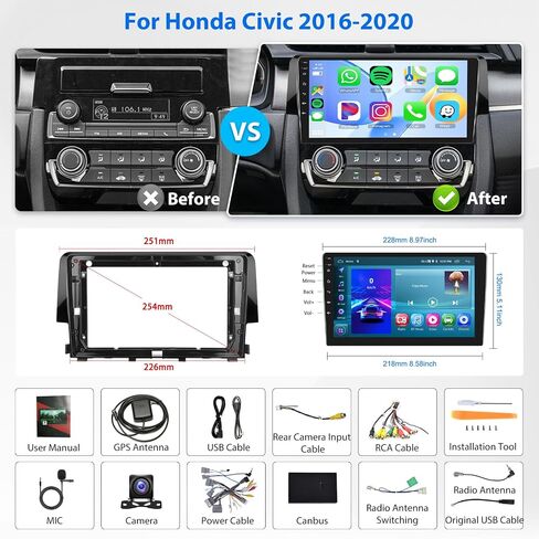2G 64G راديو السيارة Carplay اللاسلكي لهوندا سيفيك 2016-2020، Android 13 ستيريو السيارة Rimoody 9 بوصة شاشة تعمل باللمس Android Auto Mirror Link Bluetooth FM/RDS GPS WiFi EQ SWC كاميرا احتياطية in Kuwait