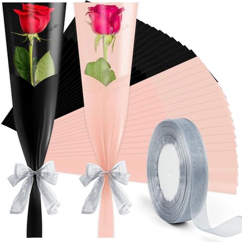 LENSARKU 60PCS Single Rose Sleeves, Plastic Single Flower Wrapping Rose Packaging for Florist Bouquet Supplies Wedding Graduation Birthday Party Mother's Day Gift Bags in Saudi Arabia
