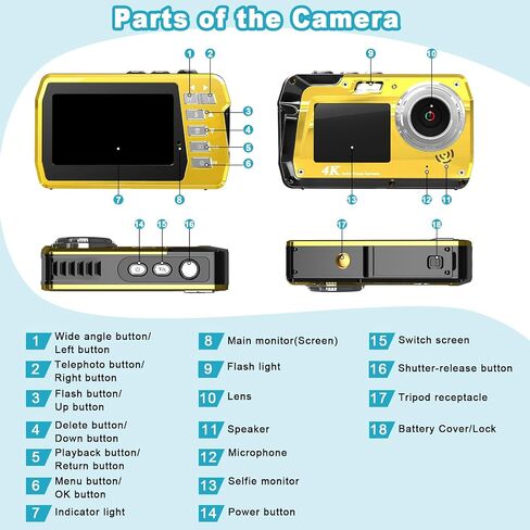 Waterproof Digital Camera, Underwater Camera with 32GB Card(Installed), 4K FHD 48MP Dual-Screen Selfie Under Water Camera for Photography, 10FT Waterproof Camera for Snorkeling, Surfing, Rafting in Kuwait