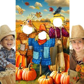 Buryeah Thanksgiving Photography Backdrop Scarecrow Pumpkin Photo Background Fall Backdrops for Photography Autumn Party Photo Props with Head Cutout Fall Festival Banner with 10 Meter Rope 73 x 47''