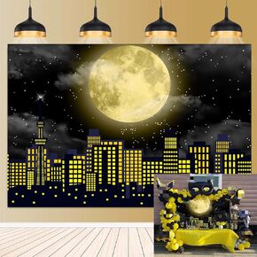 Super City Superhero Backdrop for Photography 8x6FT Yellow Full Moon Skyline Cityscape Theme Photo Background Baby Shower Boys Birthday Party Cake Table Decoration Banner Props (96x72 inch)