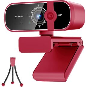 C28 1080P Webcam with Privacy Cover and Tripod Stand, PC Camera with Noise-Canceling Mic, Auto Light Correction,Plug and Play, Web Camera for Streaming, Zoom/Skype/Facetime/YouTube,Red
