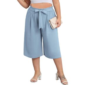 Women's Plus Size Cropped Wide-Leg Pants Lightweight High Waisted Adjustable Tie Knot Casual Trousers Pants