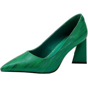 Women's Kitten Chunky Medium Heel Slip-On Pointed Toe Pumps Shoes Party Wedding Office Green