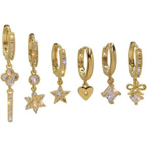 14k Gold Huggie Dangle Hoop Earring Set for Women Teen Girls,Dainty Asymmetrical Zircon Cartilage Multiple Piercing Studs Earrings Prom Jewelry Gifts