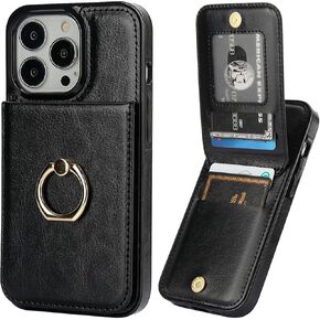 KIHUWEY for iPhone 13 Pro Case Wallet with Credit Card Holder, 360° Rotation Ring PU Leather Magnetic Clasp Kickstand Heavy Duty Protective Cover for Women and Men 6.1 Inch (Brown)