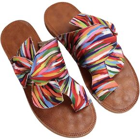 GORGLITTER Women's Rainbow Bow Tie Flat Sandals Vacation Open Toe Thong Sandals Summer Slides Shoes Multicolor 7.5